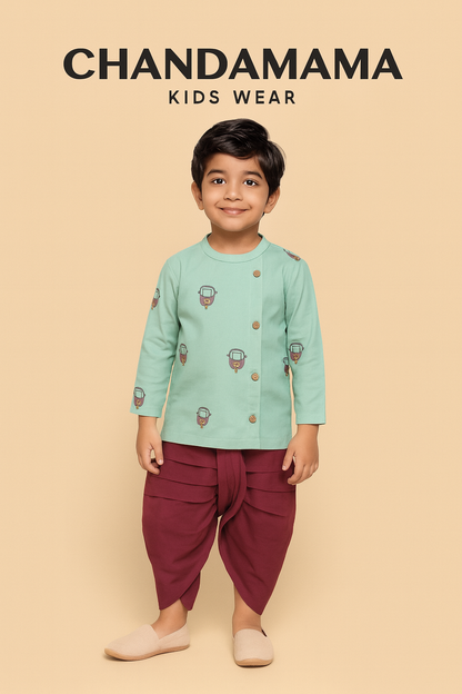 Mint Green Printed Kurta with Maroon Dhoti Set