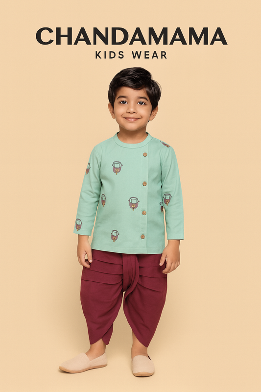 Mint Green Printed Kurta with Maroon Dhoti Set