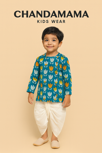 Teal Printed Floral Kurta with Cream Dhoti Set