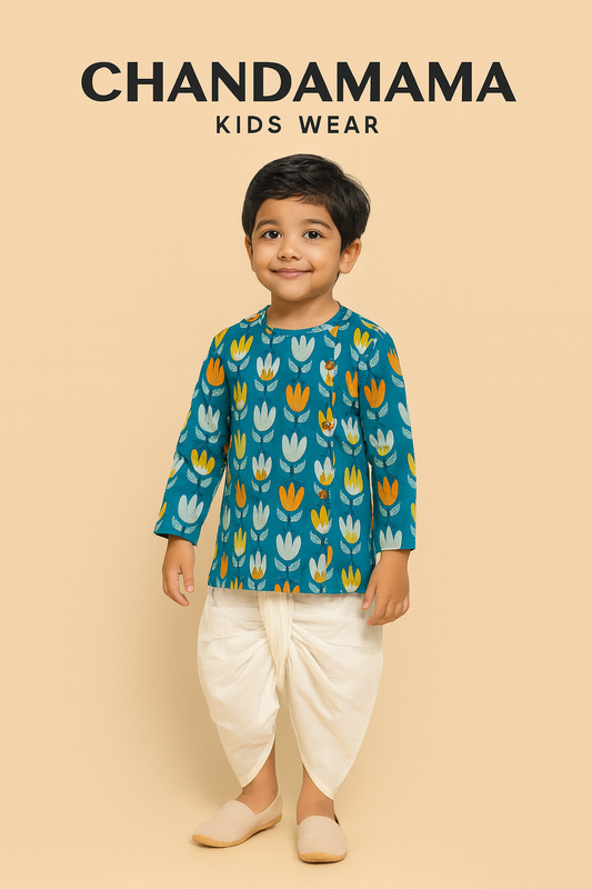 Teal Printed Floral Kurta with Cream Dhoti Set