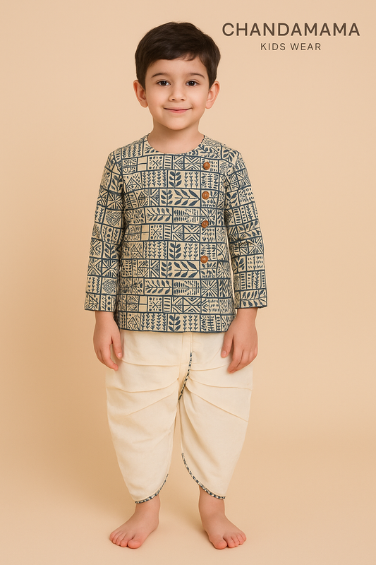 Indigo Handblock Print Kurta with Cream Dhoti Set