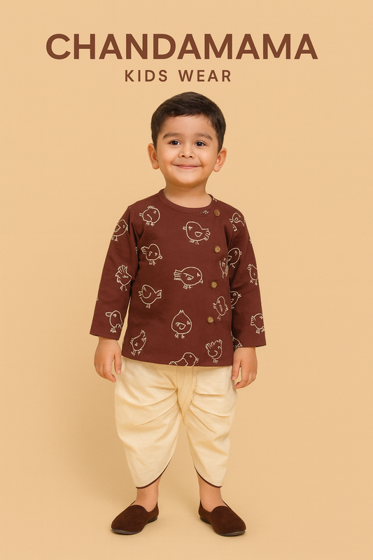 Brown Kurta with Quirky Bird Motifs and Cream Dhoti Set