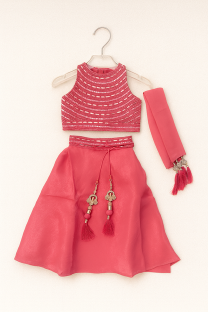 Coral pink shimmer top Sharara skirt with dupatta