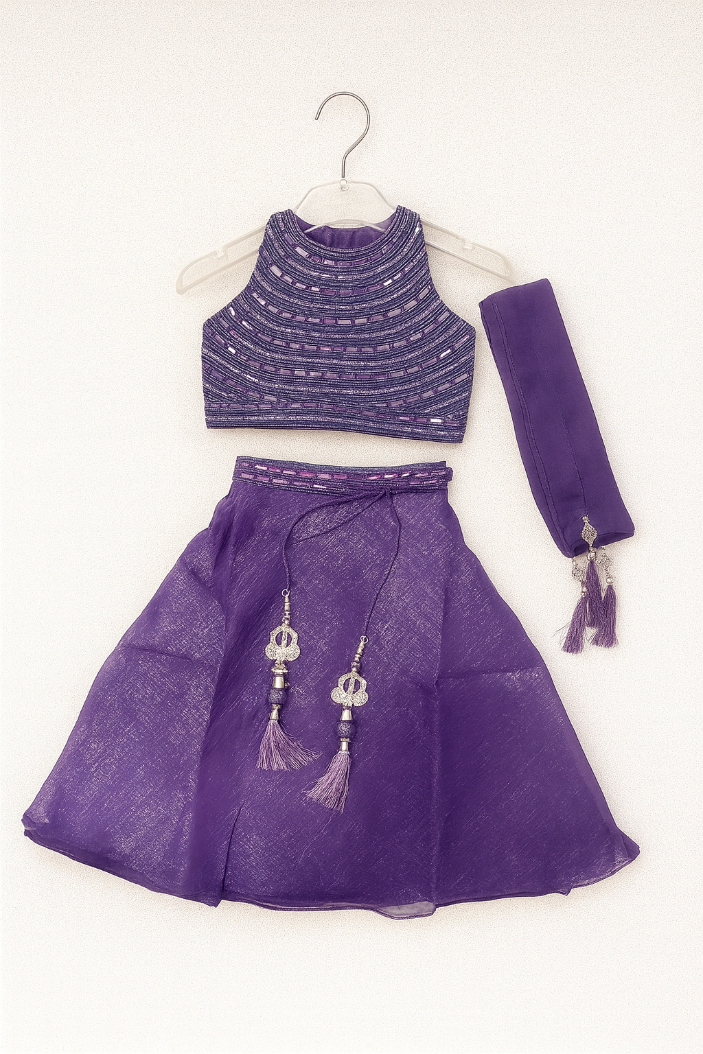 Purple shimmer top with Sharara skirt with dupatta