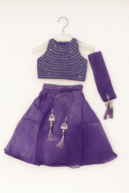 Purple shimmer top with Sharara skirt with dupatta