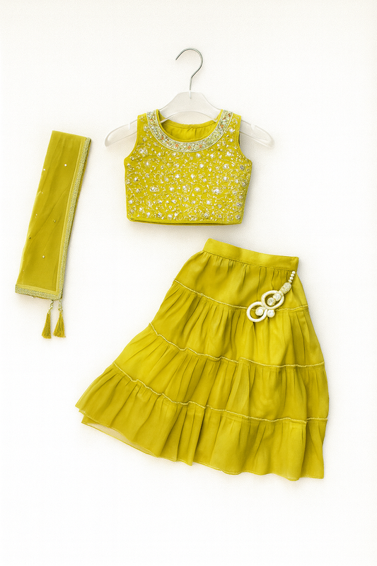 Stylish Mirror Work Choli with Tiered Lehenga & Dupatta