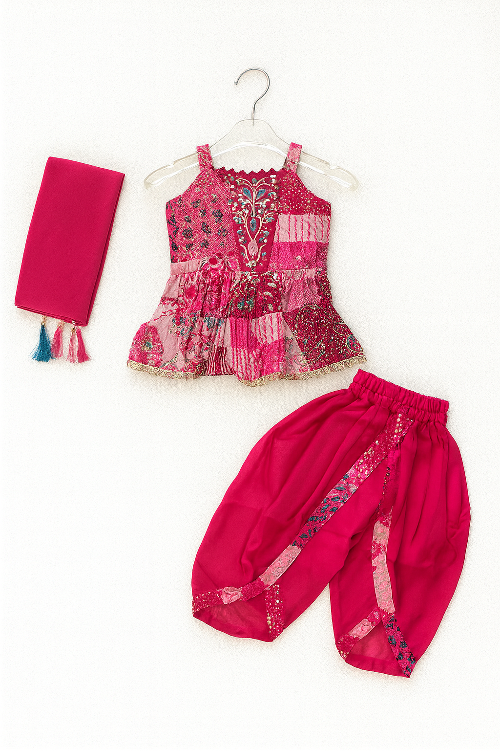 Vibrant Pink Patchwork Top & Dhoti Set