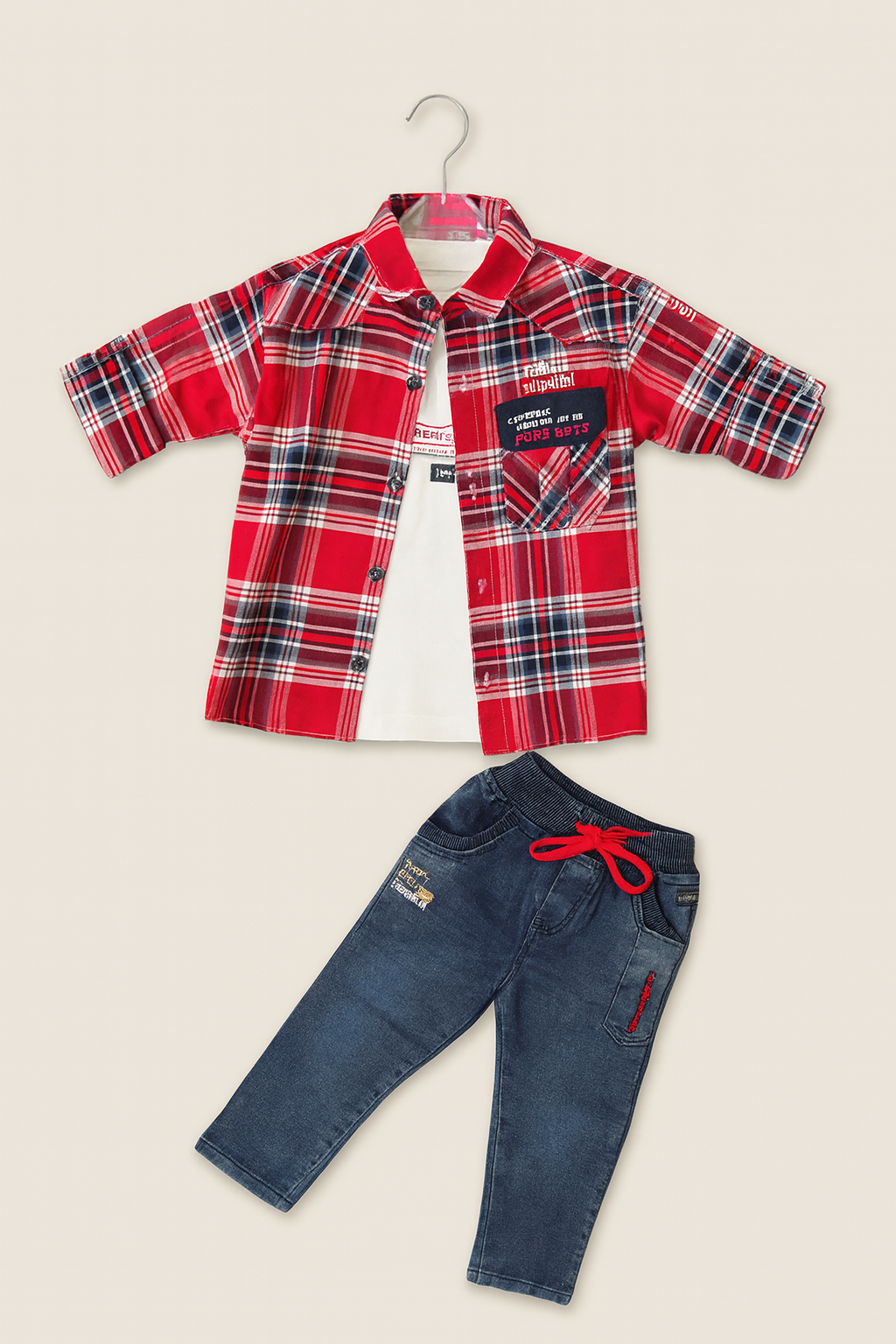 Boys’ Checked Shirt with Inner Tee & Denim Jogger Set