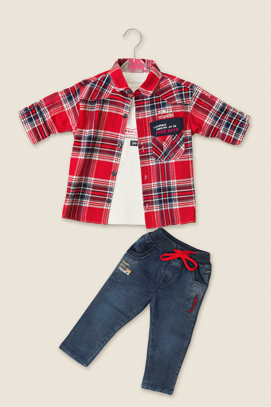Boys’ Checked Shirt with Inner Tee & Denim Jogger Set