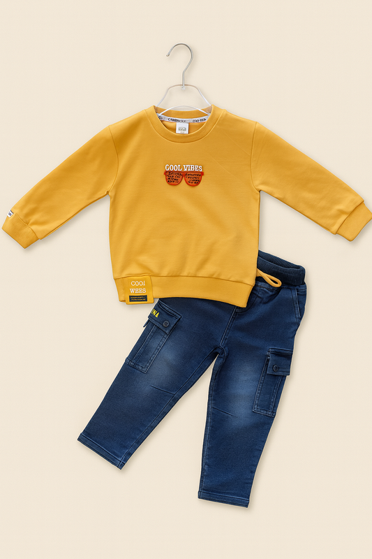 Cool Vibes” Sweatshirt with Denim Cargo Pants