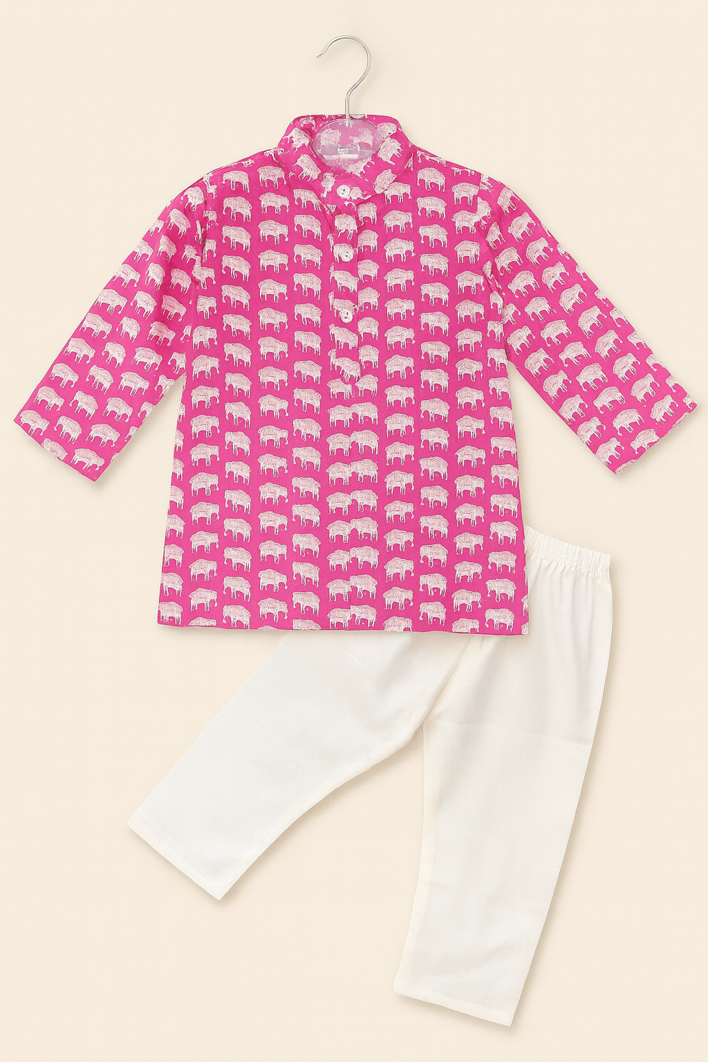 Vibrant Pink Elephant Print Kurta With White Pajama Set