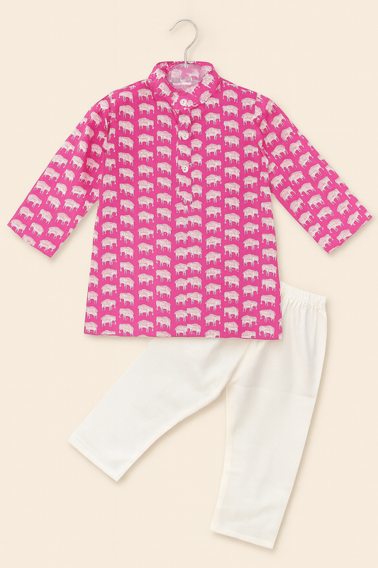 Vibrant Pink Elephant Print Kurta With White Pajama Set