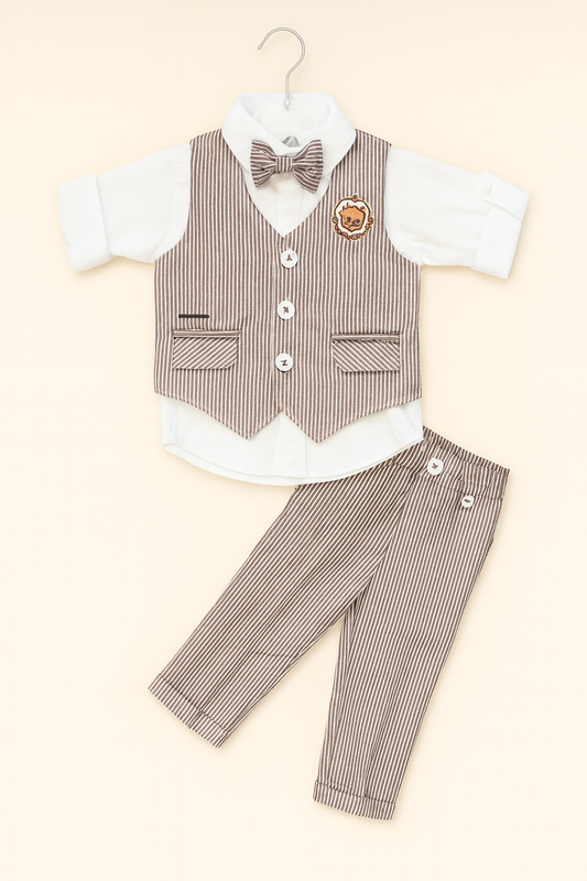 Boys’ Classic Striped Waistcoat Suit Set with Bow Tie