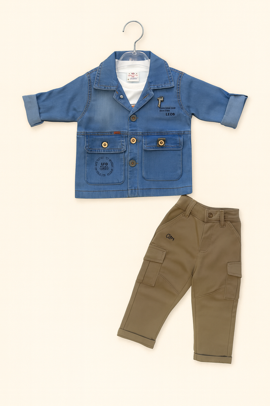 Boys' Blue Denim Shirt with Khaki Cargo Pant Set