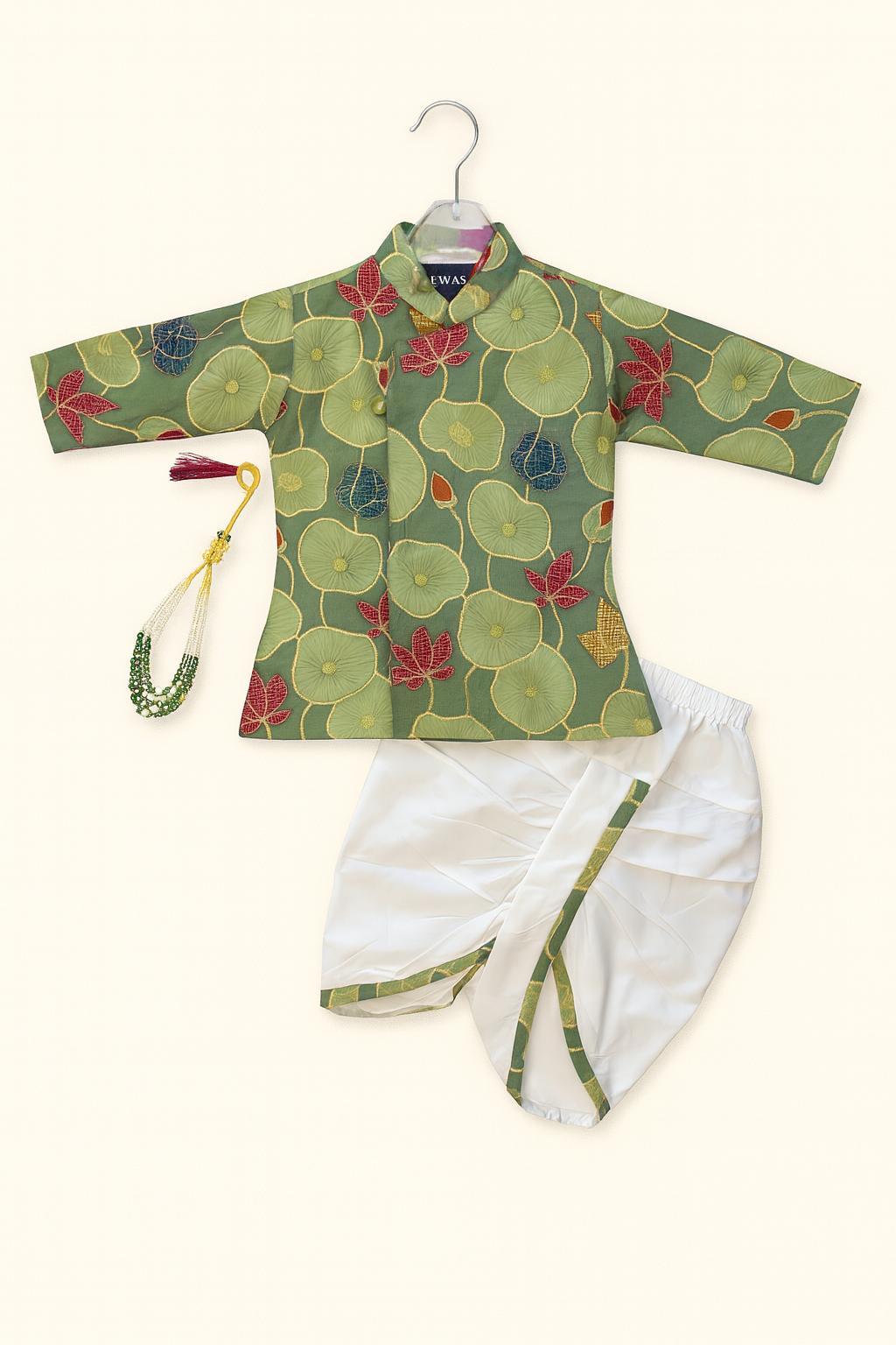 Elegant Green Floral Kurta with White Dhoti Set For boys
