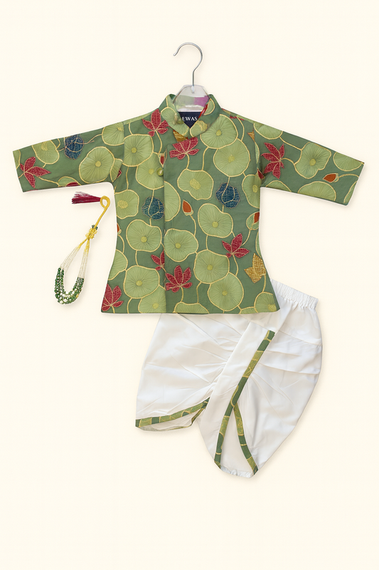 Elegant Green Floral Kurta with White Dhoti Set For boys
