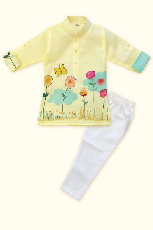 Yellow Kurta Set with Butterfly & Floral Design