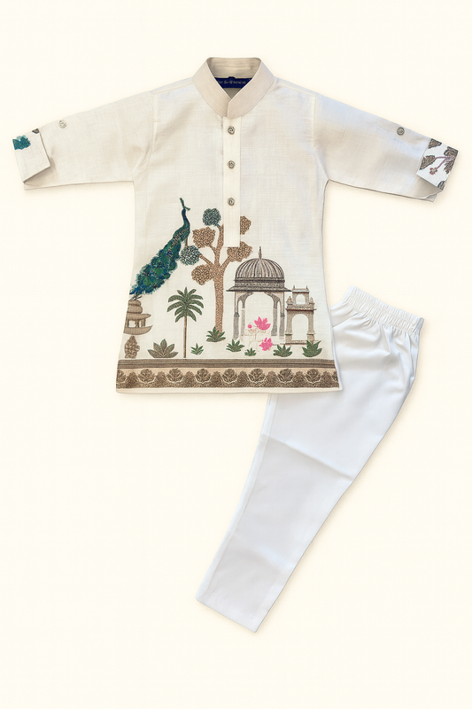 Cream Kurta Set with Peacock & palace Design