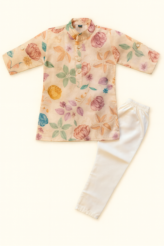 Elegant Peach Flower Kurta With Pajama Set For boys
