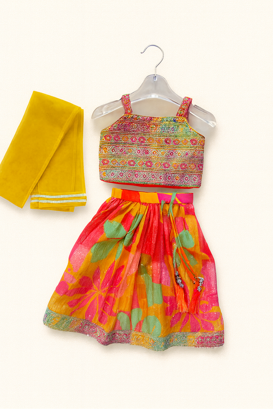 Girls' Festive Lehenga Choli Set – Multicolor with Yellow Dupatta
