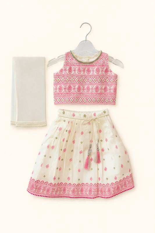Girls' Festive Lehenga Choli Set – White Chicken Work Print & Dupatta