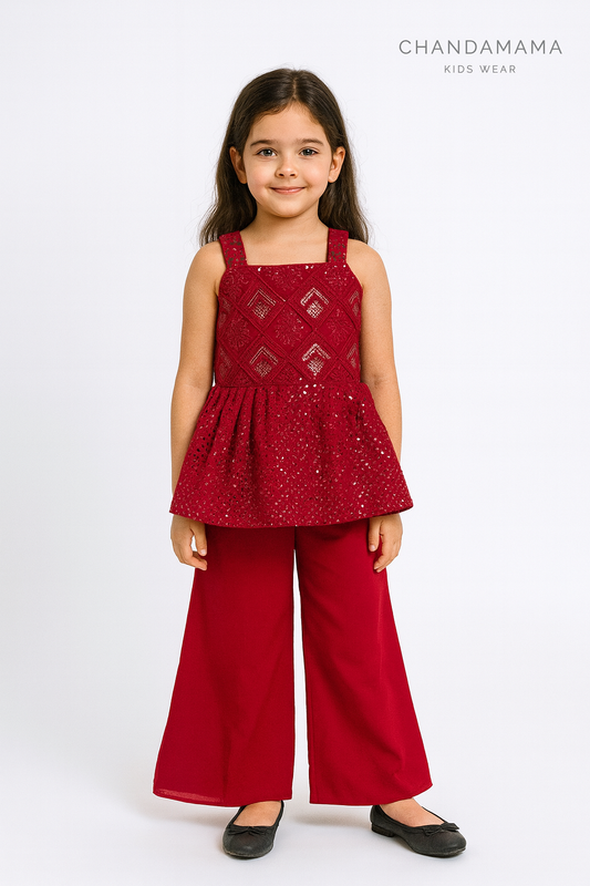 Maroon Mirror Work Peplum Kurti & Palazzo Set with Dupatta