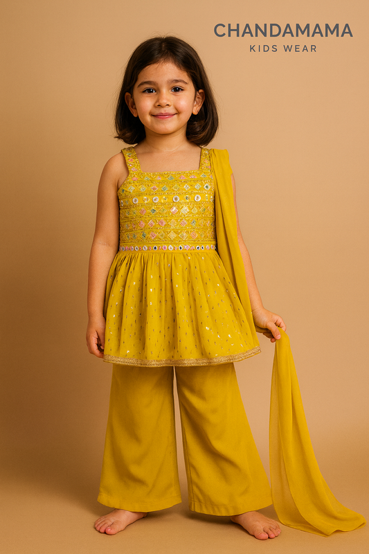 Mustard Yellow Mirror Work Peplum Kurti & Palazzo Set with Dupatta