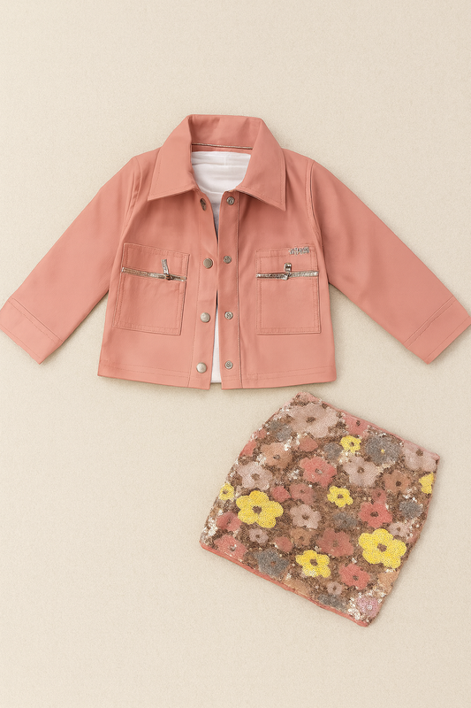 Stylish Jacket & Sequin Floral Skirt Set