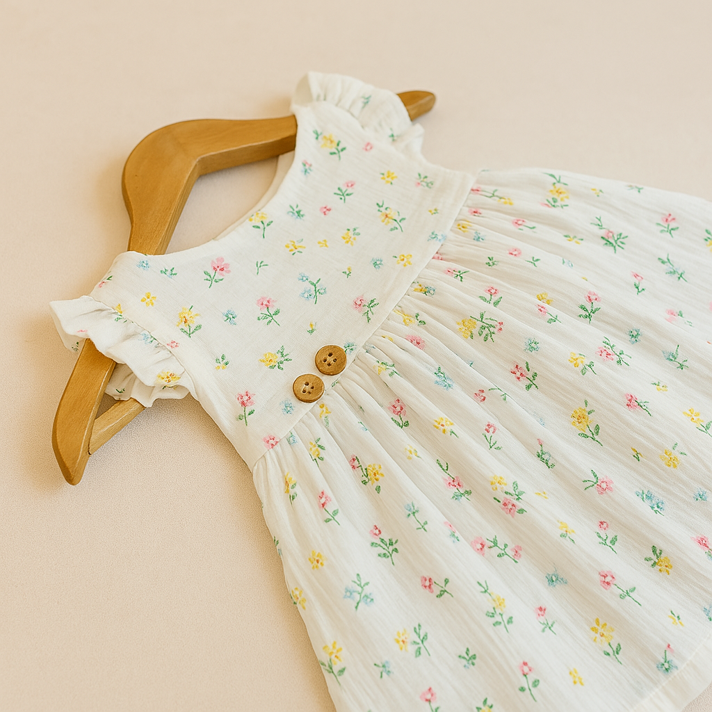 Soft Cream Floral Dress with Ruffle Sleeves