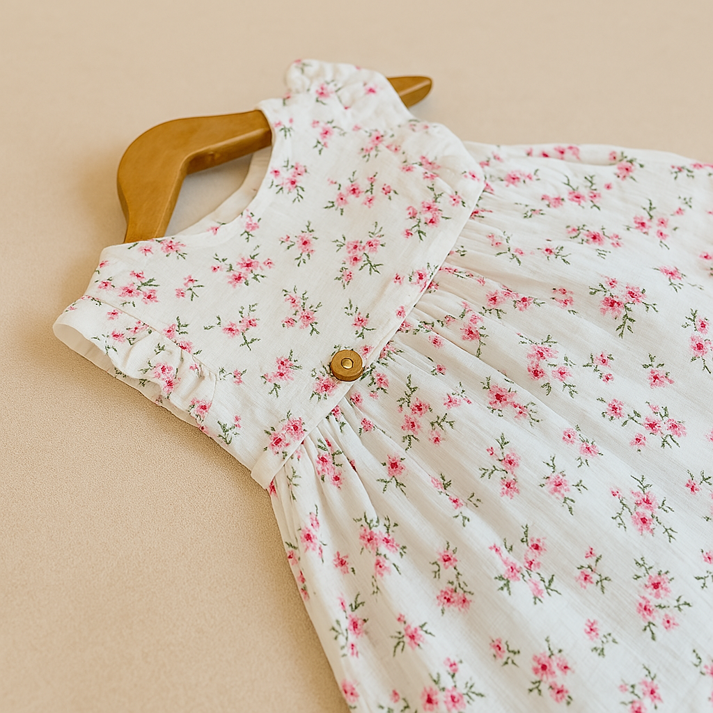 Soft Cream Floral Dress with Ruffle Sleeves