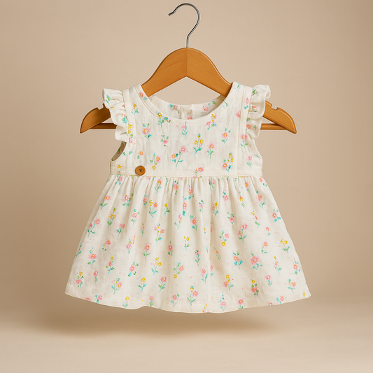 Soft Cream Floral Dress with Ruffle Sleeves