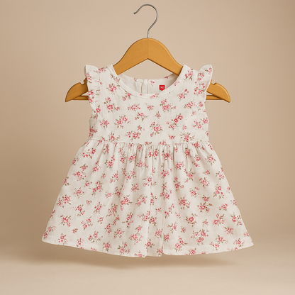 Soft Cream Floral Dress with Ruffle Sleeves