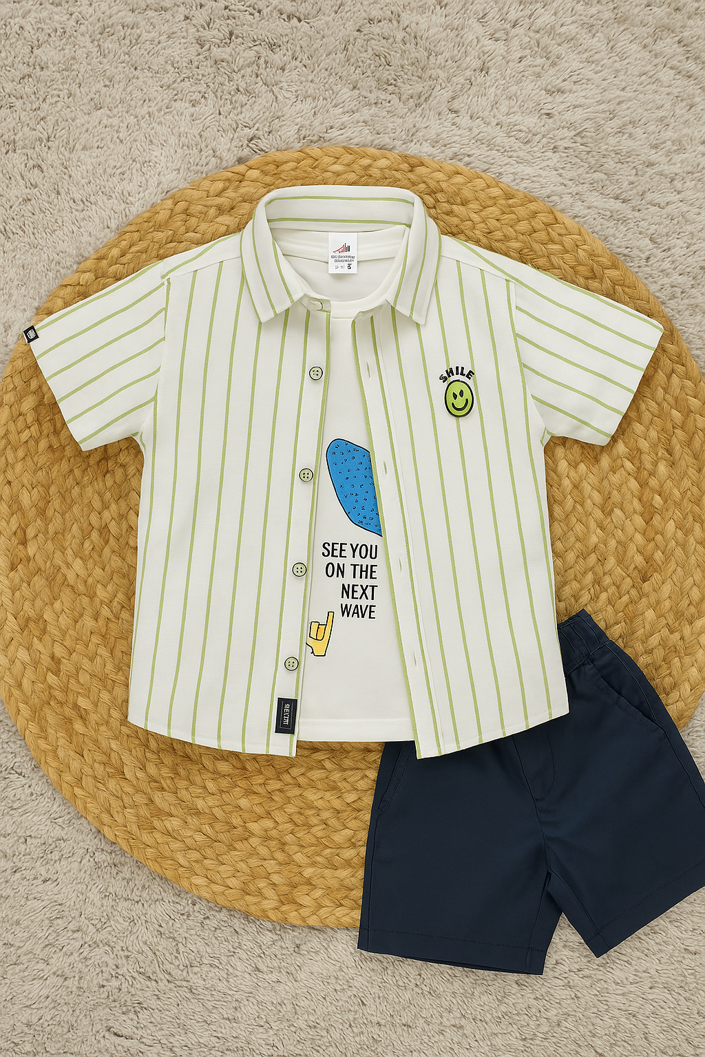 KIDZELLO Kids Striped Shirt with Graphic Tee & Shorts Set