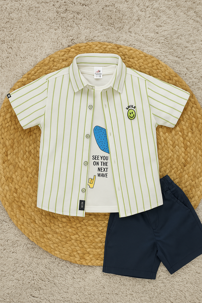 KIDZELLO Kids Striped Shirt with Graphic Tee & Shorts Set