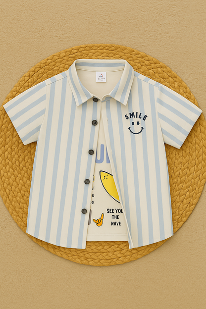 KIDZELLO Kids Striped Shirt with Graphic Tee & Shorts Set