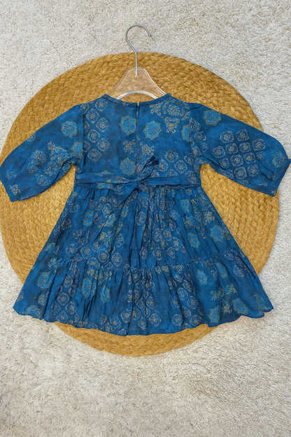 Blue Printed Tiered Ethnic Dress with Tassels