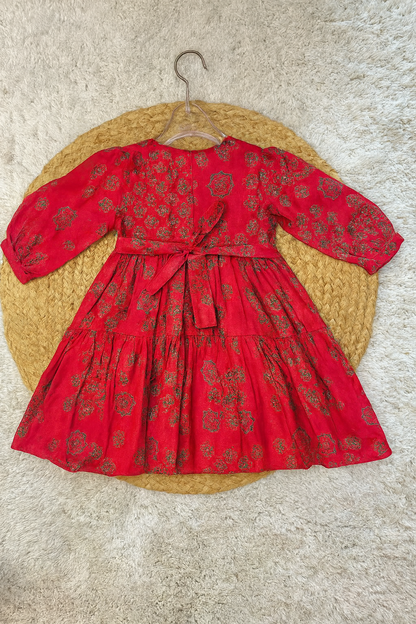 Red Printed Tiered Ethnic Dress with Tassels