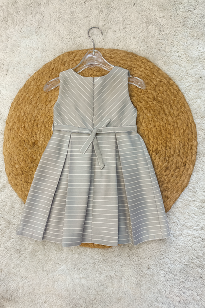 Grey Striped Party Frock with Big Flower Bow