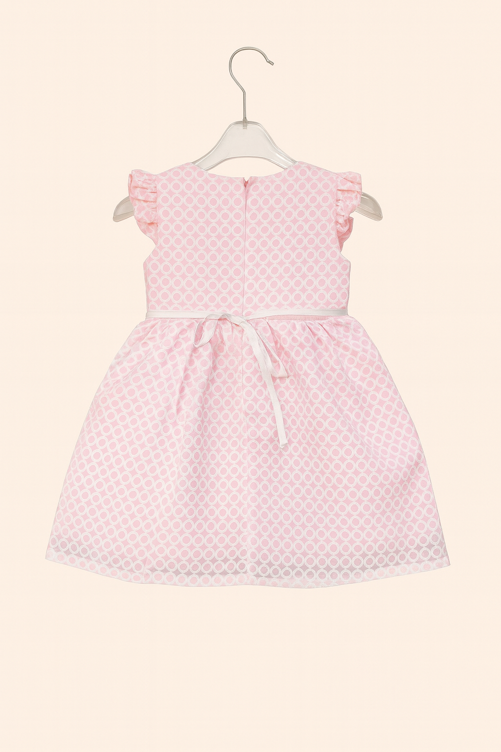 Light Pink Circle Print Casual Frock with Floral Bow Detail