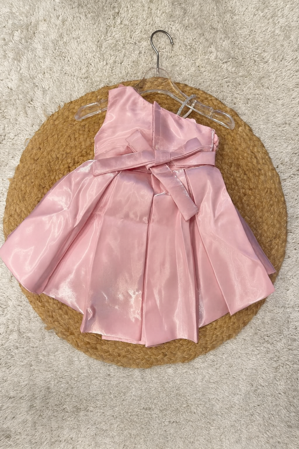 Elegant Pink Satin High-Low Frock with 3D Flower Shoulder