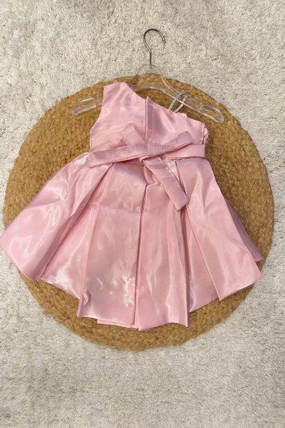 Elegant Pink Satin High-Low Frock with 3D Flower Shoulder