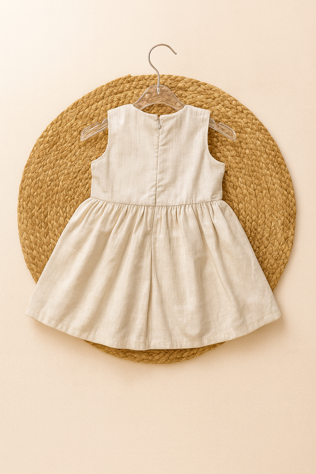 Pink cotton frock with colorful flower appliqués