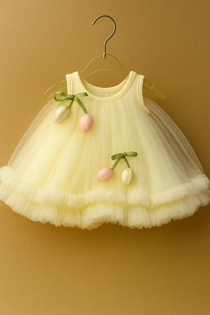 Ivory tulle frock with 3D tulip flowers