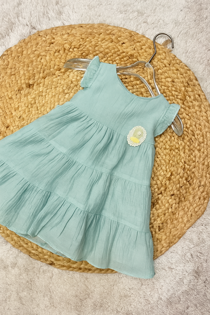Frilly Cotton Tier Dress with Sequin Patch – Pink & Green