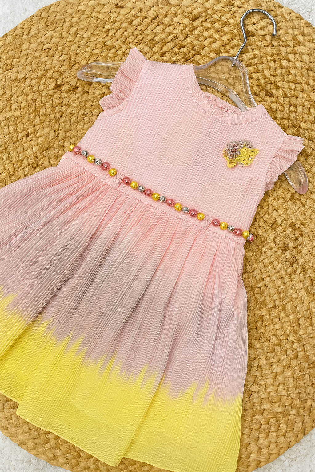 Pink & Yellow Ombre Pleated Dress with Bead Waist