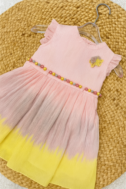 Pink & Yellow Ombre Pleated Dress with Bead Waist