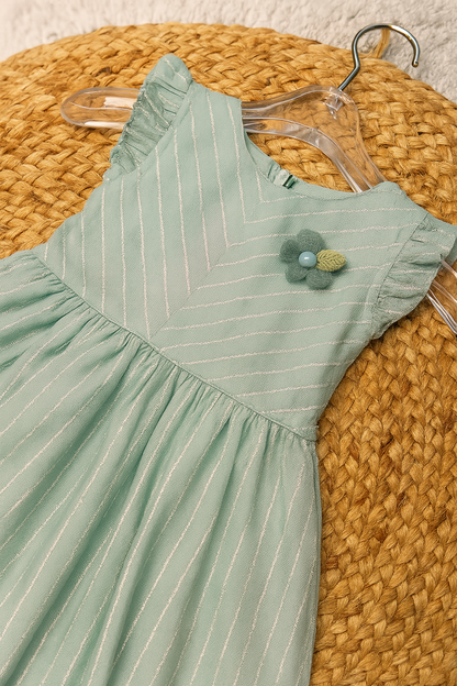 Sparkle Stripe Frock with Flower Brooch – Pink & Mint