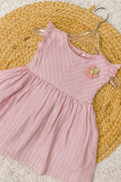 Sparkle Stripe Frock with Flower Brooch – Pink & Mint