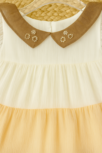 Elegant Brown Layered Frock with Embroidered Collar