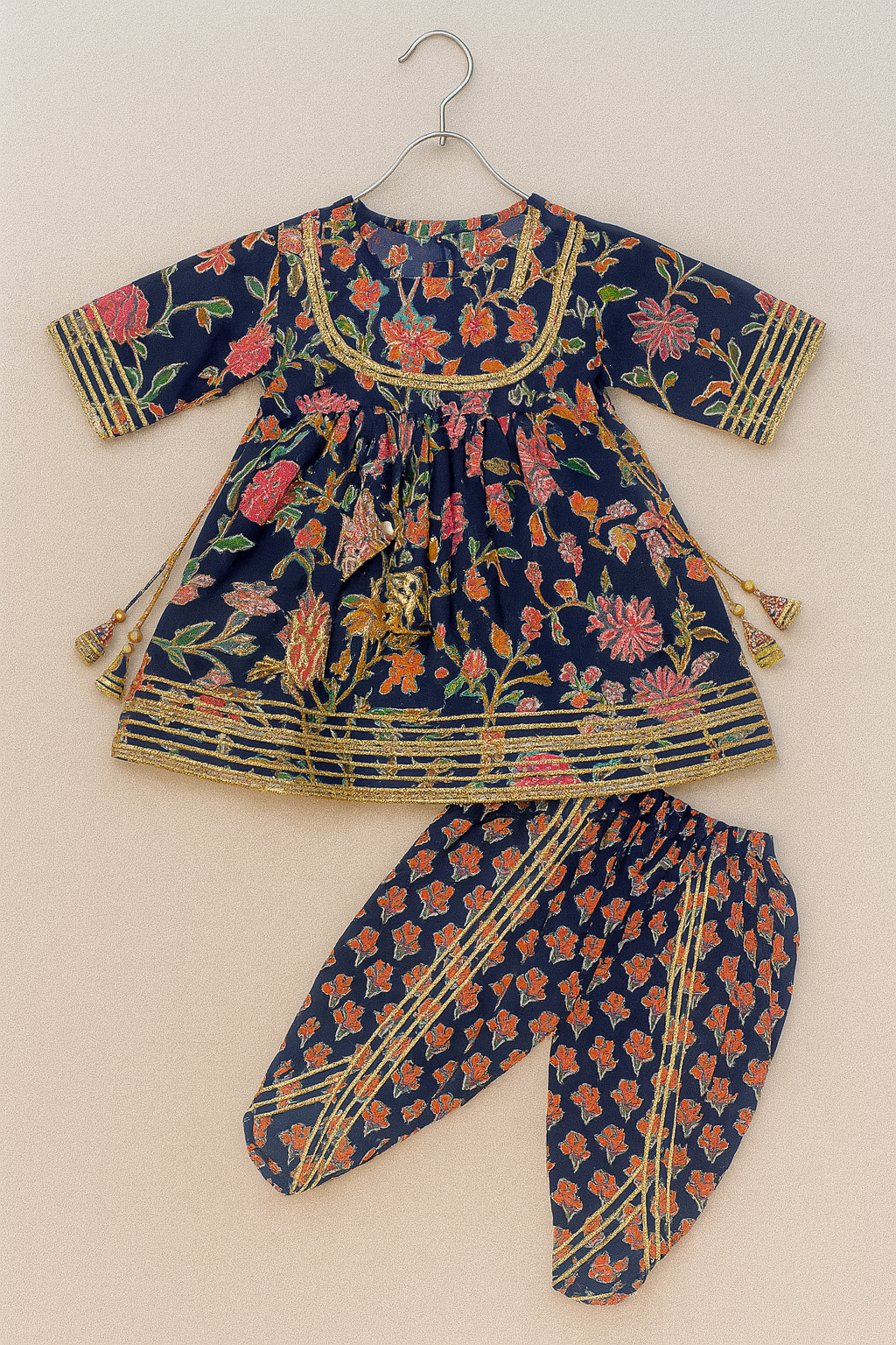 Ethnic printed twinning set with mirror lace